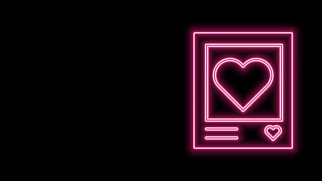 Glowing neon line Blanks photo frames and hearts icon isolated on black background. Valentines Day symbol. 4K Video motion graphic animation
