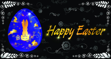 Happy easter advertising poster or banner with blue decorative egg decorated with golden hare pattern. Black background with silver ornaments. Vector illustration