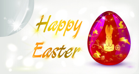Happy Easter shining white background with decorative eggs. The red glass egg is painted with a gold pattern. Golden text Happy Easter. Vector illustration