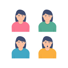 illustration of a collection of female characters with various expressions. expression happy, sad, shocked or gawking, and angry. vector face of a child. flat style. design elements