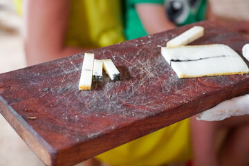 Degustation cheese board at the cheese farm store, dry aged cheeses