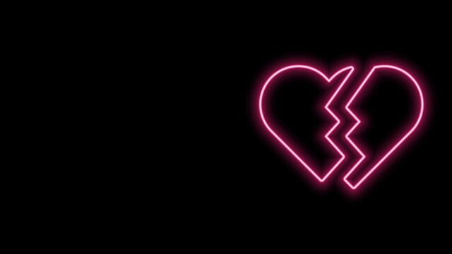 Glowing neon line Broken heart or divorce icon isolated on black background. Love symbol. Valentines day. 4K Video motion graphic animation