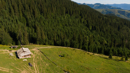 Hiker's wooden house in morning forest in mountains. Top view