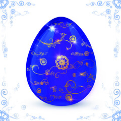 Gold ornament on a bright blue glass Easter egg. Design for greeting card, invitation, or flyer template.