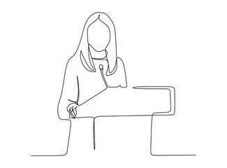 A young woman delivers a speech at the podium - Continuous one line drawing