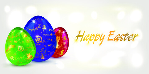 Happy Easter lettering background with decorative colored eggs. Vector illustration for greeting card, poster, flyer.