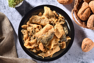 Salted egg crispy fish skin on the plate