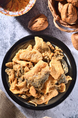 Salted egg crispy fish skin on the plate