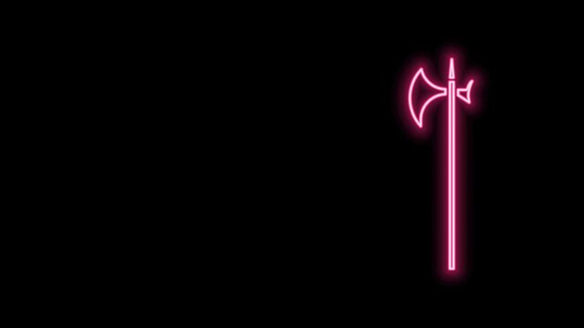 Glowing neon line Medieval halberd icon isolated on black background. Medieval weapon. 4K Video motion graphic animation