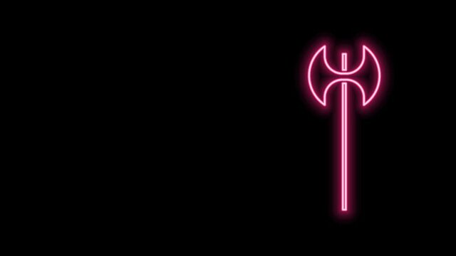 Glowing neon line Medieval axe icon isolated on black background. Battle axe, executioner axe. Medieval weapon. 4K Video motion graphic animation