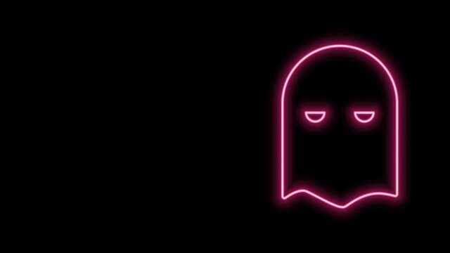 Glowing neon line Executioner mask icon isolated on black background. Hangman, torturer, executor, tormentor, butcher, headsman icon. 4K Video motion graphic animation