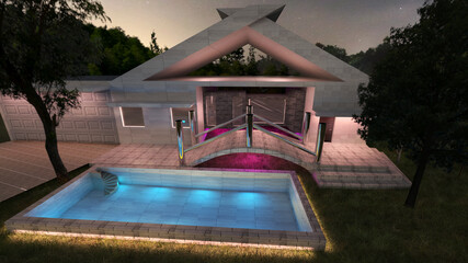 3d render modern architecture with pool front view