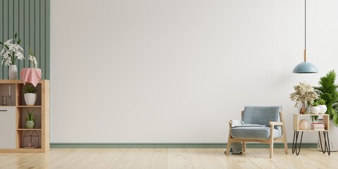 The interior has a armchair on empty white wall background.