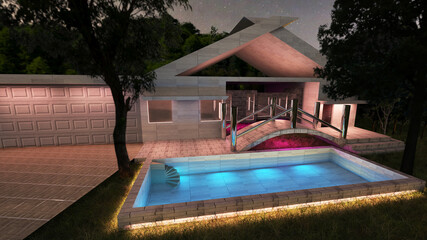 3d render modern architecture with pool front side view