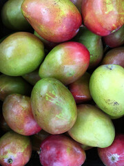 Fresh big ripe mangoes displayed for sale at a farm market stand