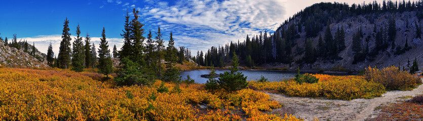 Lake Catherine panorama views from hiking trail to Sunset Peak on the Great Western Trail by Brighton Resort. Rocky Mountains, Wasatch Front, Utah. United States.