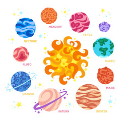 Planets around sun in space. Cartoon colorful solar system with names. Astronomical observatory. Sun moon mercury venus earth mars jupiter saturn neptun. Astronomy galaxy. Vector flat illustration © neliakott