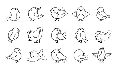 Cute bird outline cartoon set. Black line little birds, different poses, flying. Happy character. Hand drawn flat abstract icon. Modern trendy vector illustration