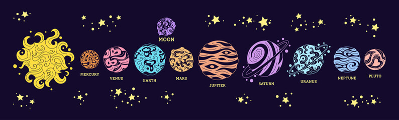 Planets row in space. Colorful doodle solar system in dark background. Astronomical observatory. Sun moon mercury venus earth mars jupiter saturn neptun. Astronomy galaxy space. Vector illustration © neliakott