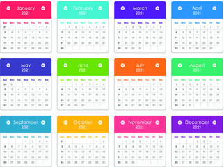 Year 2021 monthly calendar vector illustration, simple and clean design. 