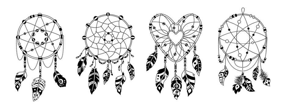 Boho dreamcatcher feathers black glyph cartoon set. Native American indian design. Ethnic bohemian style, hipster symbols. Bird feathers, talisman sweet dream hand drawn. Vector illustration