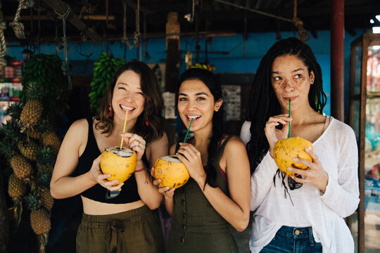 Women On Vacation Drinking From Coconuts
