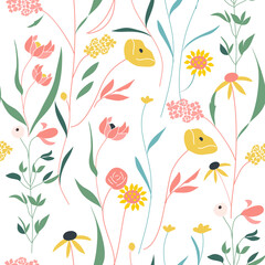 Blooming meadow seamless pattern. Trendy color for fashion. wallpapers, and print. A lot of flowers.  Ditsy style. Pressed flowers. Trendy floral design