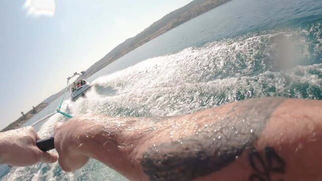 First Person View Wakeboarding Barefoot Behind Boat Slow Motion