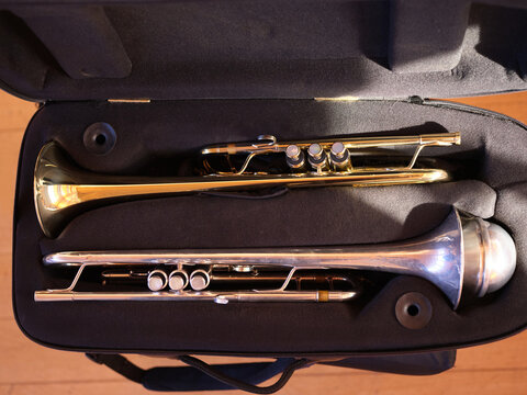 Instrument case with two trumpets
