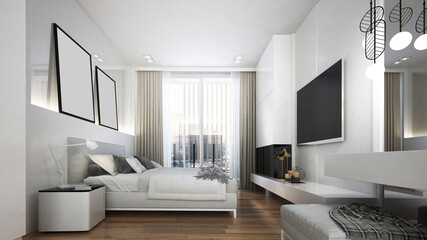 The beautiful modern house mock up and interior design of white bedroom
