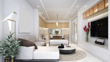 The beautiful modern house mock up and interior design of living room and dining room area 