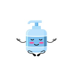 vector illustration of Cute Antiseptic Liquid soap mascot or character mental meditate in lotus yoga pose. Antiseptic Liquid soap character concept.