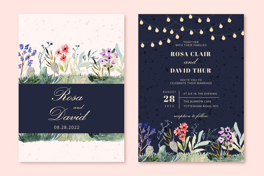 Wedding Invitation With String Light And Wild Flower Watercolor