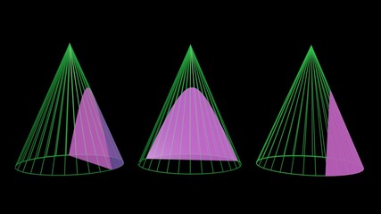 Hyperbola conic cross section. Flat plane sliced view intersection inside conic geometry . Sectional views , slices. Straight vertical cut. 3d rendering illustration