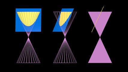 Parabola conic cross sections .Flat plane reveals sliced view inside cone geometry . Cross sectional views , slices. 3d rendering illustration