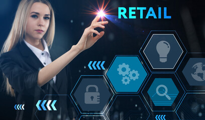 Business, technology, internet and network concept. Young businessman thinks over the steps for successful growth: Retail