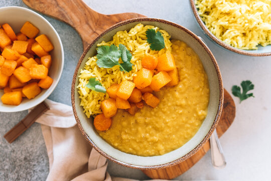 Red lentil dahl with turmeric basmati rice