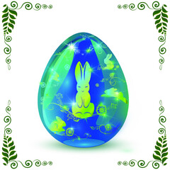 Vector Easter concept. This decorative colored egg is decorated with floral patterns and hares.
