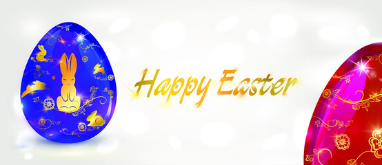 Vector Happy Easter. Blue and red shiny glass eggs decorated with a gold pattern. Design for greeting card, invitation or flyer template.