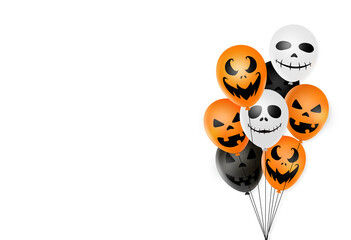 Obraz premium Halloween party background with scary black, white, orange air balloons isolated on white background, space for adding text , sale banner template billboard, , poster, vector illustration
