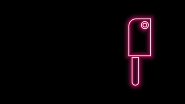 Glowing neon line Meat chopper icon isolated on black background. Kitchen knife for meat. Butcher knife. 4K Video motion graphic animation