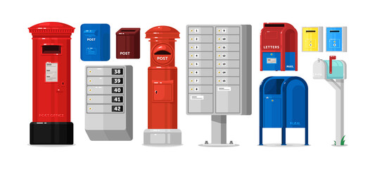 Locked post mailbox for correspondence and newsletter set. Postal mailing letterbox hanged on wall or pillar for delivery mailed letter, magazine, bill vector illustration isolated on white background