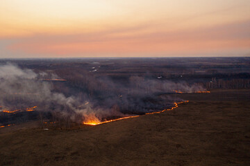 Dangerous wildfire going to meadow under sunset sky
