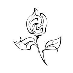 ornament 1336. one stylized flower Bud on stem with leaves and curls in black lines on a white background