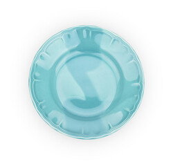 Top view of blue empty plate on isolated, white background with copy space