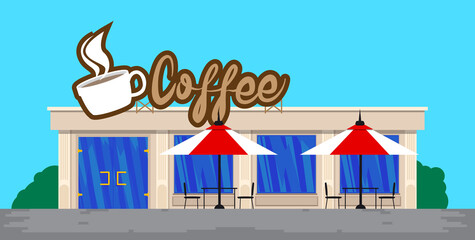 Coffee store front without people in town. Colorful graphic vector illustration in flat style.