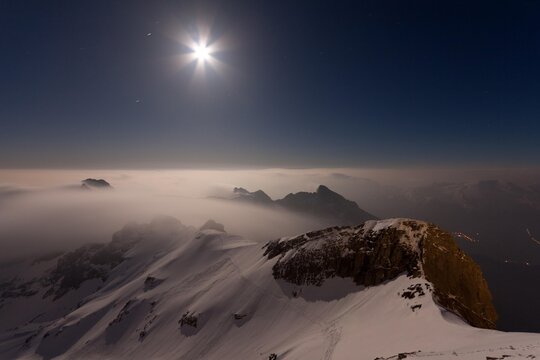Night shot, Alpstein mountain rising out of the fog in full moon light, Saentis, Appenzell Outer-Rhodes, Appenzell Inner-Rhoden, Switzerland, Europe, PublicGround, Europe