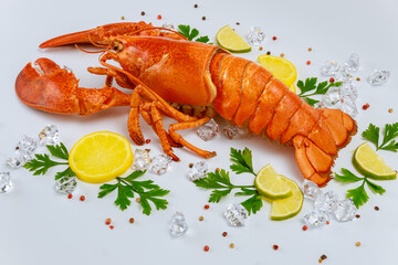 Cooked lobster on white background with spices and lemon.