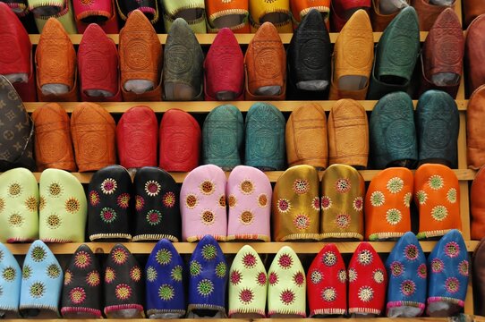 Babooshes, traditional Moroccan slippers, souk in Fez, Morocco, Africa