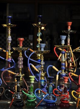 Water pipes, hookahs, for sale, Souq al Waqif, oldest souq or bazaar of Doha, Qatar, Persian Gulf, Middle East, Asia
